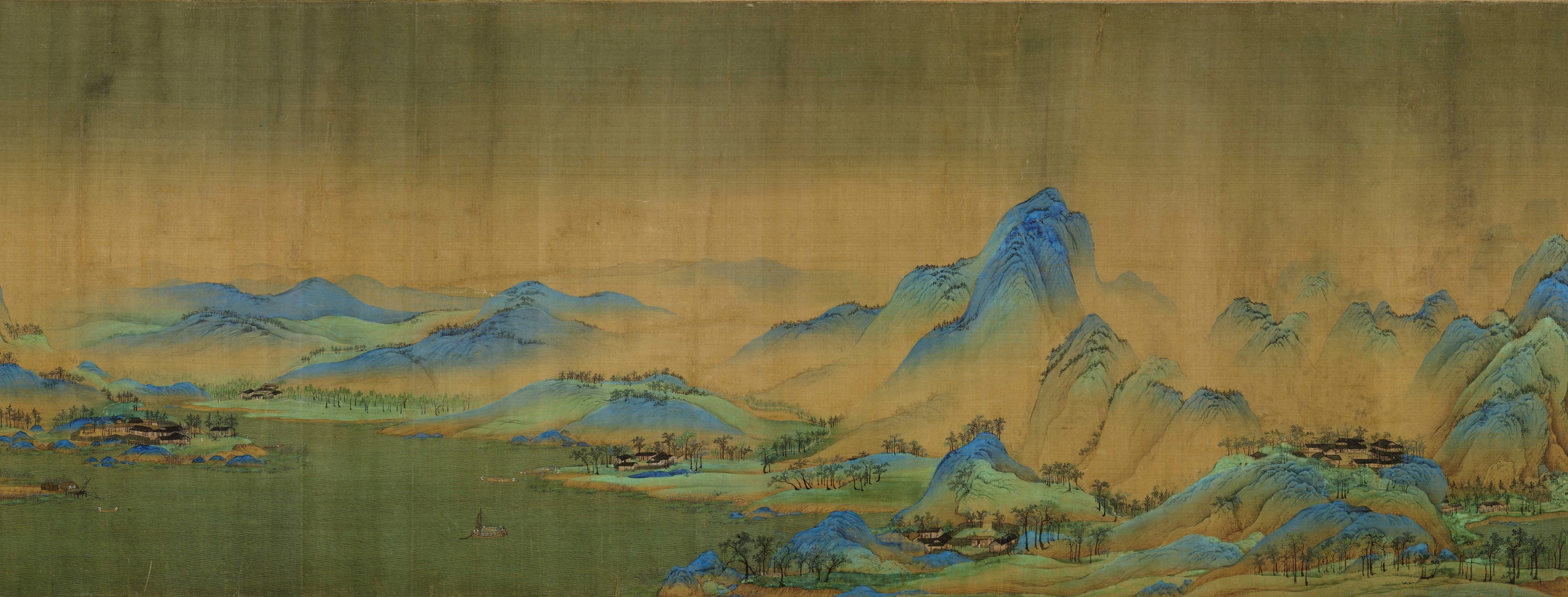 王希孟《千里江山图》局部：青绿山峰、开阔江水与山间屋舍